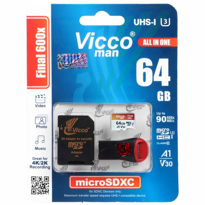 کارت حافظه microSDXC ویکومن مدل Final 600X کلاس 10 استاندارد UHS-I U3 سرعت 90MBps ظرفیت 64 گیگابایت همراه با کارت خوان-چند رنگ کارت حافظه microSDXC ویکومن مدل Final 600X کلاس 10 استاندارد UHS-I U3 سرعت 90MBps ظرفیت 64 گیگابایت همراه با کارت خوان-چند رنگ