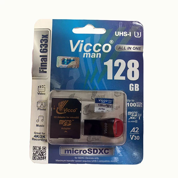 کارت حافظه micro SDXC ویکومن مدل 633X Plus کلاس 10 استاندارد UHS-I U3 سرعت ۱۰۰MBS ظرفیت 128 گیگابایت به همراه کارت خوان-چند رنگ 