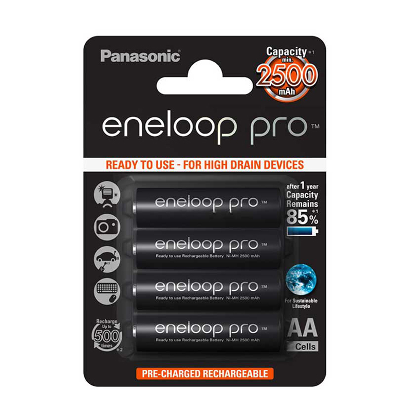 باتری قلمی قابل شارژ پاناسونیک مدل Eneloop Pro BK-3HDE-2BE بسته 4 عددی باتری قلمی قابل شارژ پاناسونیک مدل Eneloop Pro BK-3HDE-2BE بسته 4 عددی