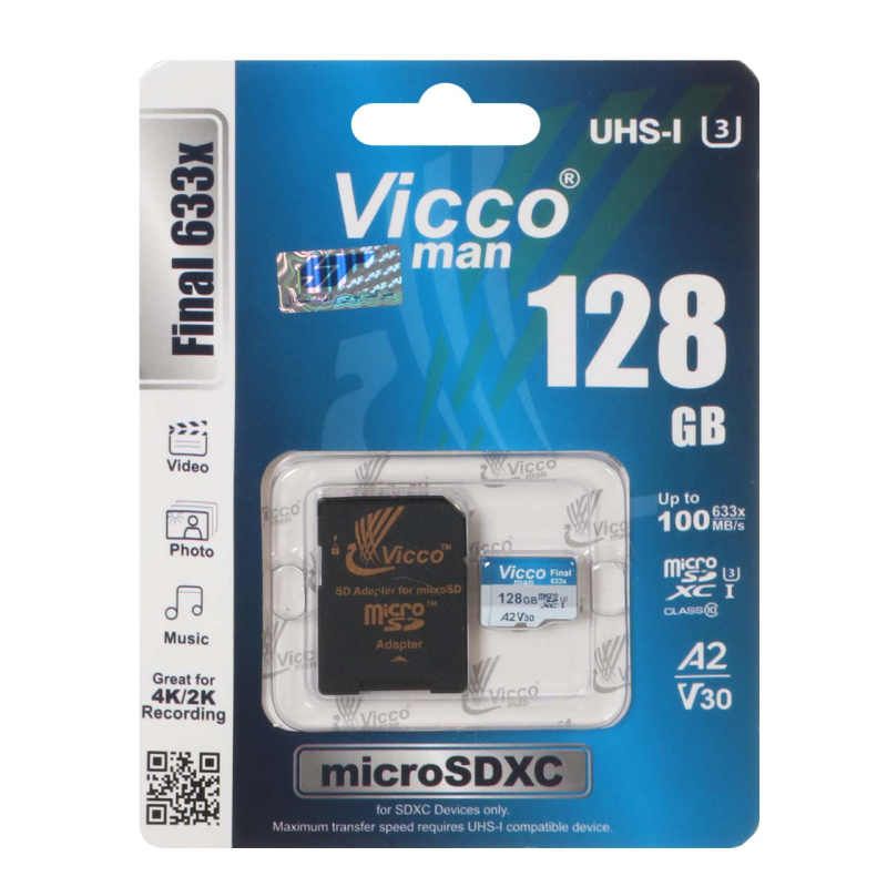 کارت حافظه microSDXC ویکومن مدل Final 633x کلاس 10 استاندارد UHS-I U3 سرعت 100MBs ظرفیت 128 گیگابایت به همراه آداپتور SD کارت حافظه microSDXC ویکومن مدل Final 633x کلاس 10 استاندارد UHS-I U3 سرعت 100MBs ظرفیت 128 گیگابایت به همراه آداپتور SD