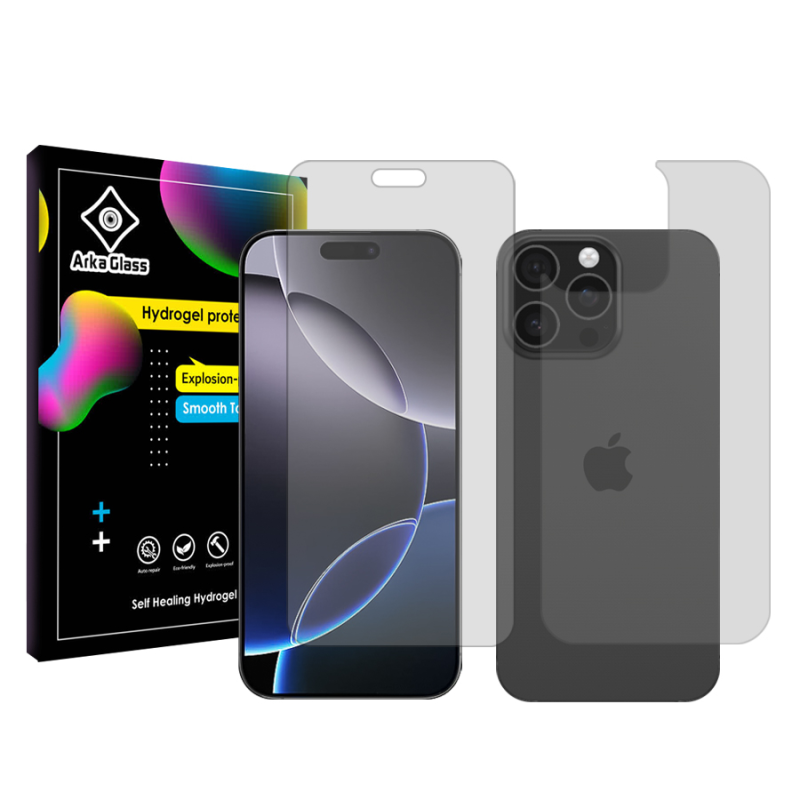 محافظ صفحه نمایش شفاف آرکا گلس مدل Tough مناسب برای گوشی موبایل اپل iPhone 16 Pro به همراه محافظ پشت گوشی