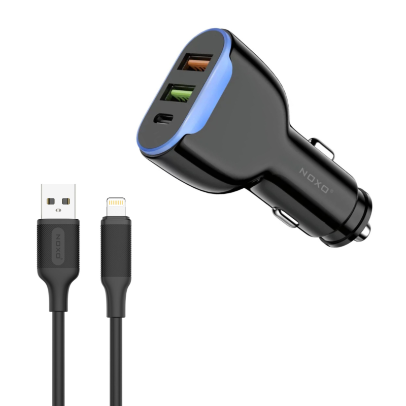 شارژر فندکی 30 وات سه پورت نوکسو مدل CCN-2 به همراه کابل تبدیل USB-A به لایتنینگ شارژر فندکی 30 وات سه پورت نوکسو مدل CCN-2 به همراه کابل تبدیل USB-A به لایتنینگ