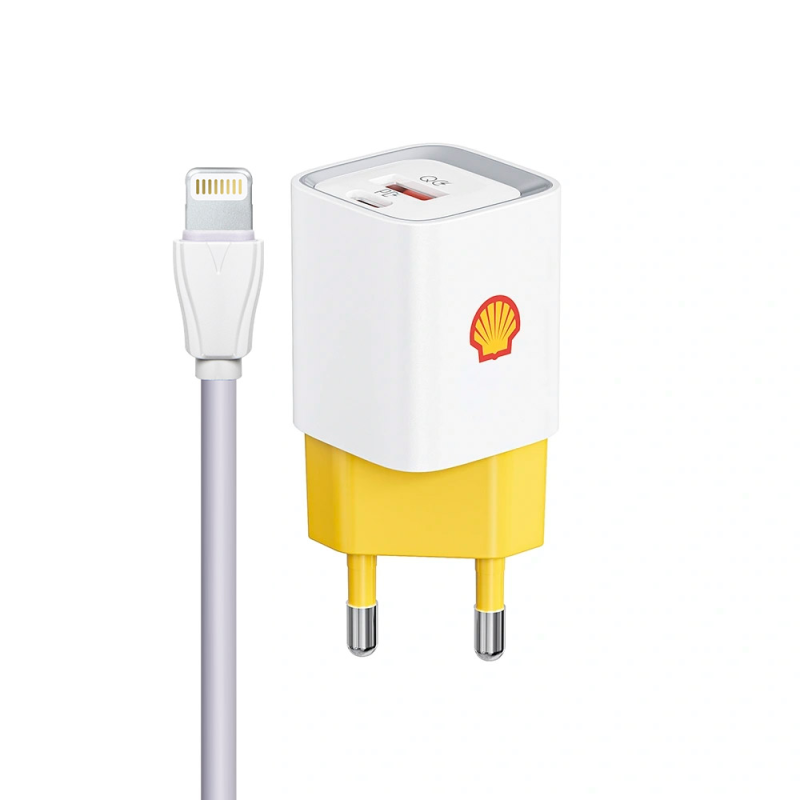 شارژر دیواری 20 وات دو پورت شل مدل SWC14CL به همراه کابل تبدیل USB-C به لایتنینگ شارژر دیواری 20 وات دو پورت شل مدل SWC14CL به همراه کابل تبدیل USB-C به لایتنینگ