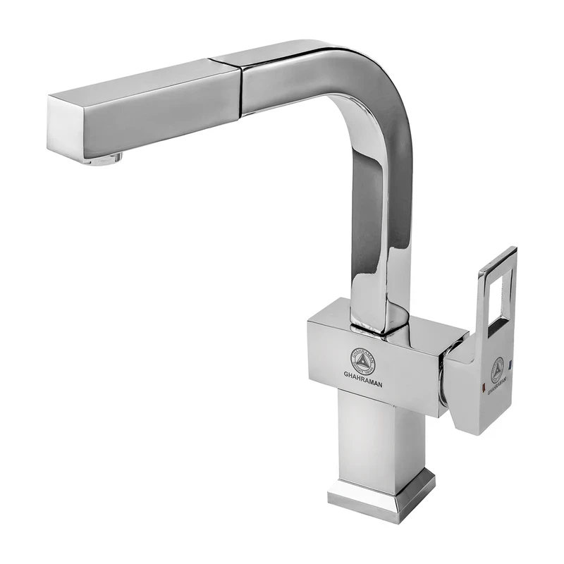 شیر آشپزخانه شیرآلات بهداشتی قهرمان مدل فلت رویال شلنگ دار-کروم