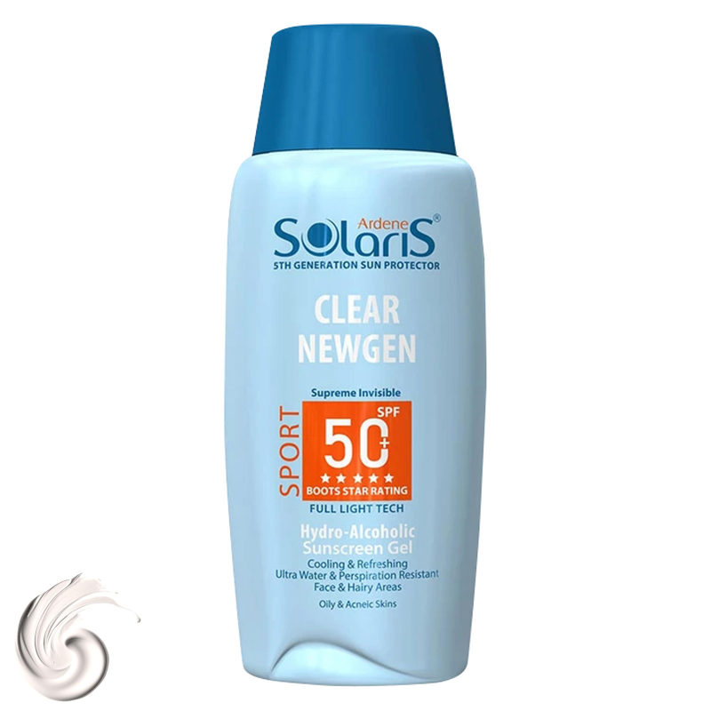 ژل ضدآفتاب بی رنگ آردن سولاریس SPF50 مدل Clear Newgen مناسب پوست های چرب حجم 100 میلی لیتر
