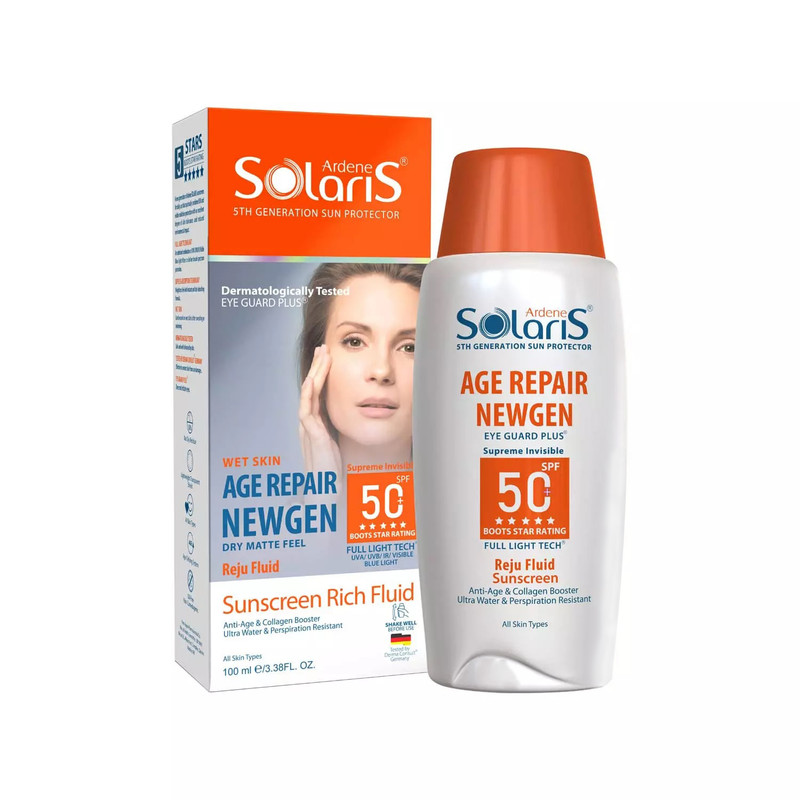 لوسیون ضد آفتاب بیرنگ آردن سولاریس، SPF 50، مدل Age Repair Newgen، مناسب انواع پوست با حجم 100 میلی لیتر، ضد آب و محافظتکننده در برابر اشعههای PA++++ ،UVA ،UVB، ضد پیری، دارای فرمولاسیون کلاژن، با ماندگاری ۲ ساعته لوسیون ضد آفتاب بیرنگ آردن سولاریس، SPF 50، مدل Age Repair Newgen، مناسب انواع پوست با حجم 100 میلی لیتر، ضد آب و محافظتکننده در برابر اشعههای PA++++ ،UVA ،UVB، ضد پیری، دارای فرمولاسیون کلاژن، با ماندگاری ۲ ساعته