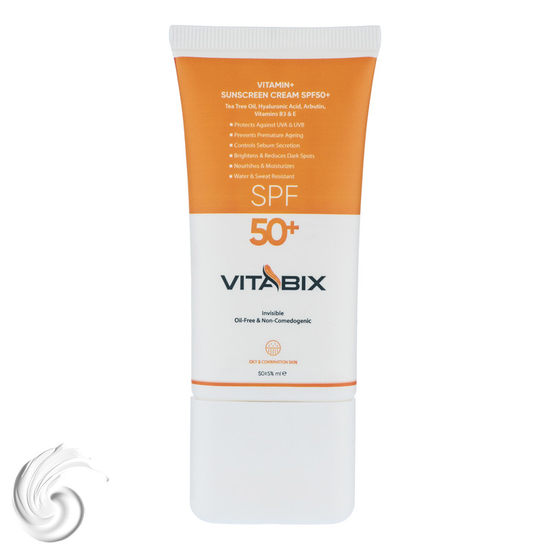 کرم ضد آفتاب بدون رنگ ویتابیکس SPF 50 مدل +Vitamin مناسب پوست چرب حجم 50 میلیلیتر محافظتکننده اشعه UVA و UVB، بدون تست حیوانی، با ماندگاری 2 ساعته