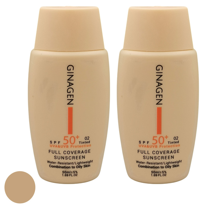 کرم ضد آفتاب رنگی ژیناژن SPF 50 مدل 02 محافظت کننده در برابر اشعه های UAV و UVB مناسب پوست های چرب و مختلط حجم 50 میلی لیتر مجموعه دو عددی