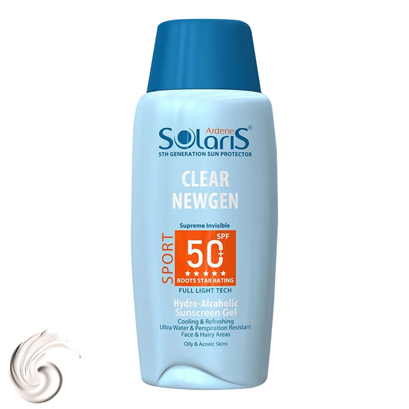 ژل ضدآفتاب بیرنگ آردن سولاریس SPF50 مدل Clear Newgen، مناسب پوستهای چرب، حجم 100 میلیلیتر ژل ضدآفتاب بیرنگ آردن سولاریس SPF50 مدل Clear Newgen، مناسب پوستهای چرب، حجم 100 میلیلیتر