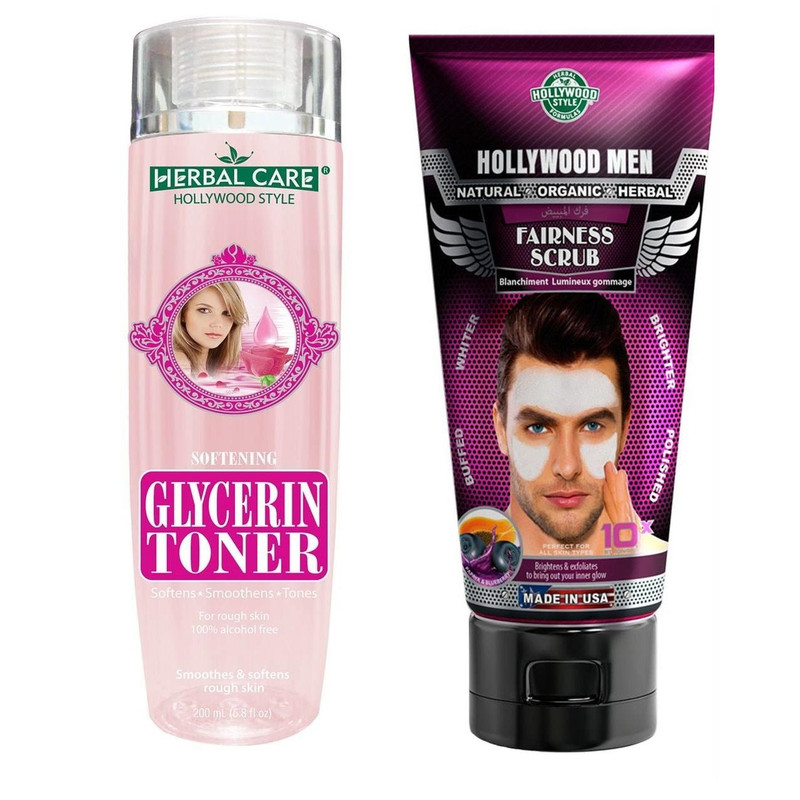 تونر نرم کننده هالیوود استایل مدل Glycerin حجم 200 میلی لیتر و اسکراب ضدچروک هالیوود استایل مدل Fairness حجم 150میلی لیتر تونر نرم کننده هالیوود استایل مدل Glycerin حجم 200 میلی لیتر و اسکراب ضدچروک هالیوود استایل مدل Fairness حجم 150میلی لیتر