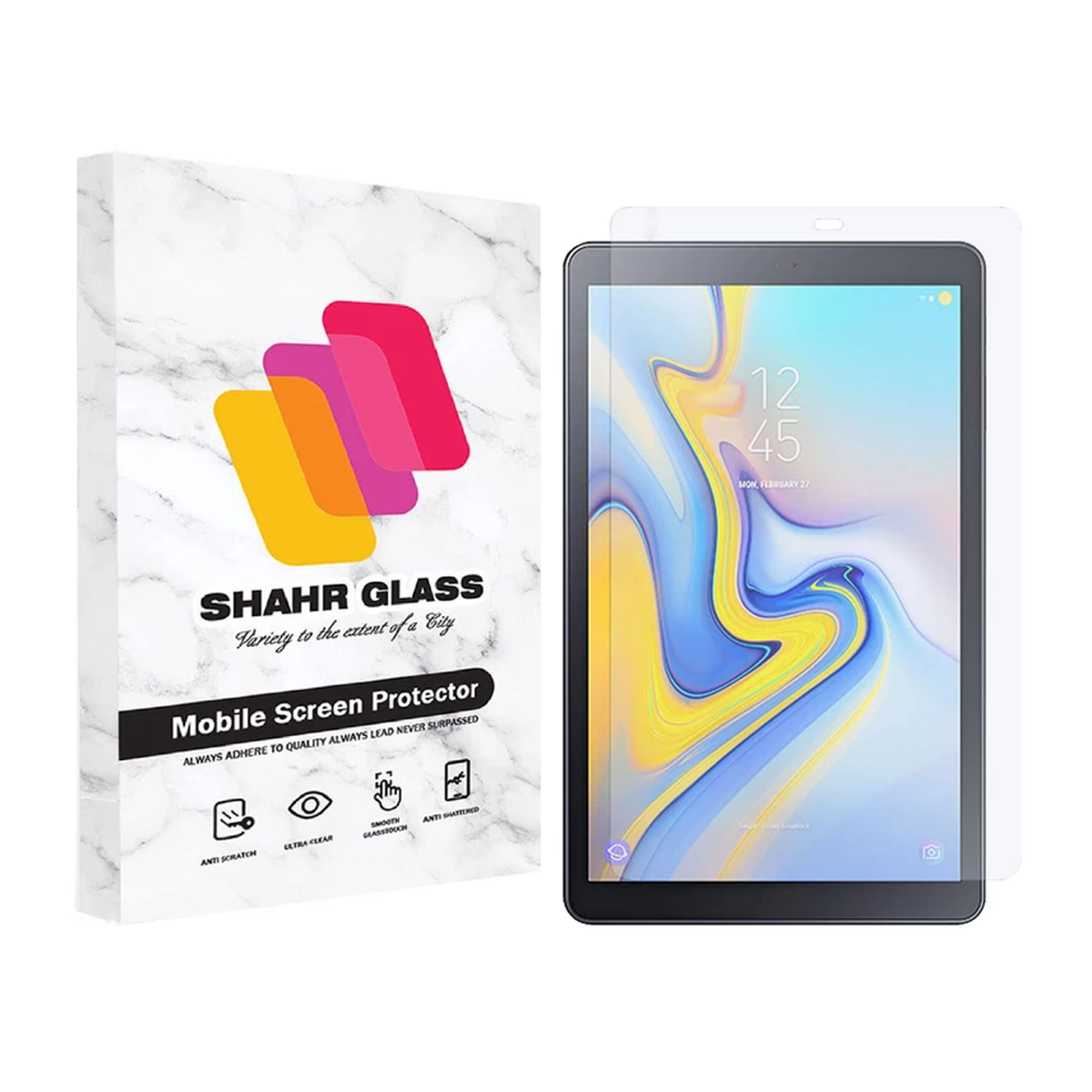 گلس تبلت سامسونگ Galaxy Tab A 10.5 شهر گلس مدل SMPT2 -بی رنگ شفاف گلس تبلت سامسونگ Galaxy Tab A 10.5 شهر گلس مدل SMPT2 -بی رنگ شفاف