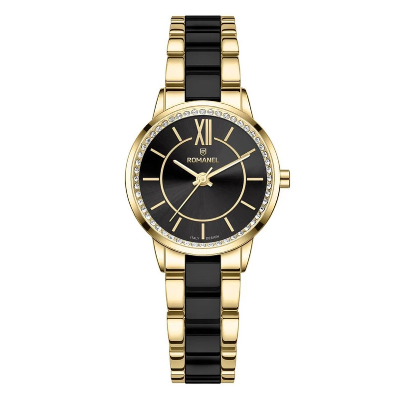 ساعت مچی عقربه ای کوارتز زنانه رومانل مدل RM305001L-K-بدنه طلایی بند مشکی طلایی ساعت مچی عقربه ای کوارتز زنانه رومانل مدل RM305001L-K-بدنه طلایی بند مشکی طلایی