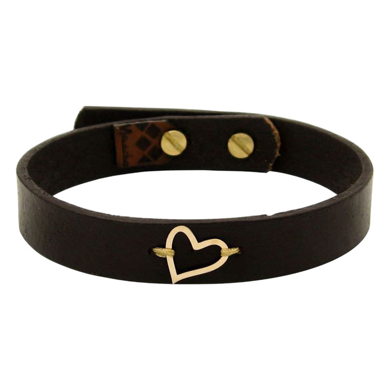 دستبند طلا 18 عیار زنانه با بند چرمی گالری قو طلایی مدل قلب تو خالی