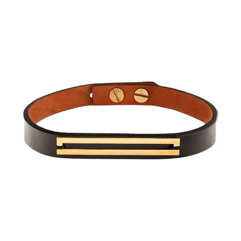 دستبند طلا 18 عیار زنانه با بند چرمی گالری قو طلایی مدل مستطیل بزرگ تو خالی