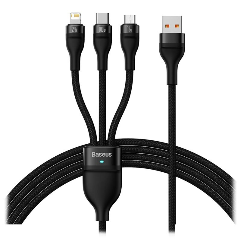 کابل تبدیل USB به USB-C / microUSB / لایتنینگ باسئوس مدل Flash Series Ⅱ 100W طول 1.2 متر کابل تبدیل USB به USB-C / microUSB / لایتنینگ باسئوس مدل Flash Series Ⅱ 100W طول 1.2 متر