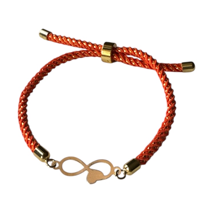 دستبند طلا 18 عیار نارنجی شاین دار با پلاک طلا طرح بی نهایت و قلب مدل BSG42