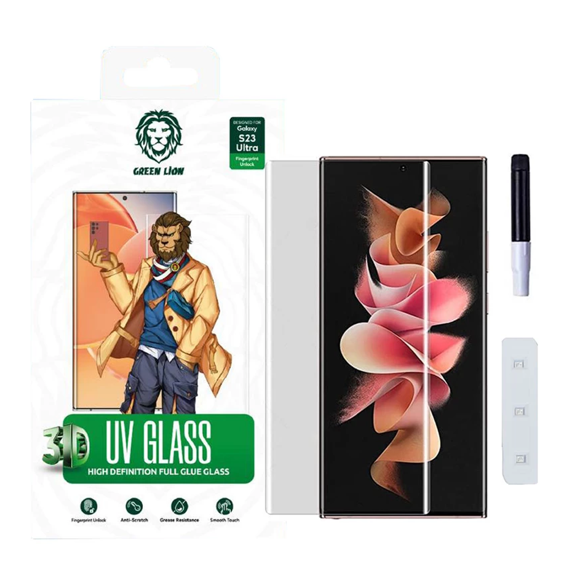 گلس گوشی سامسونگ Galaxy S23 Ultra گرین لاین مدل 3D UV-GLASS گلس گوشی سامسونگ Galaxy S23 Ultra گرین لاین مدل 3D UV-GLASS