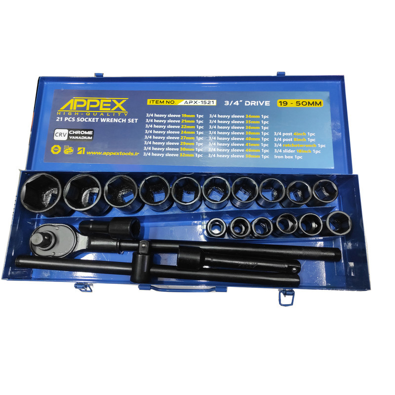 آچار بکس فشار قوی اپکس مدل SMT-APX1521-21PCS-3/4INCH-HEAVY SLEEVE مجموعه 21 عددی آچار بکس فشار قوی اپکس مدل SMT-APX1521-21PCS-3/4INCH-HEAVY SLEEVE مجموعه 21 عددی
