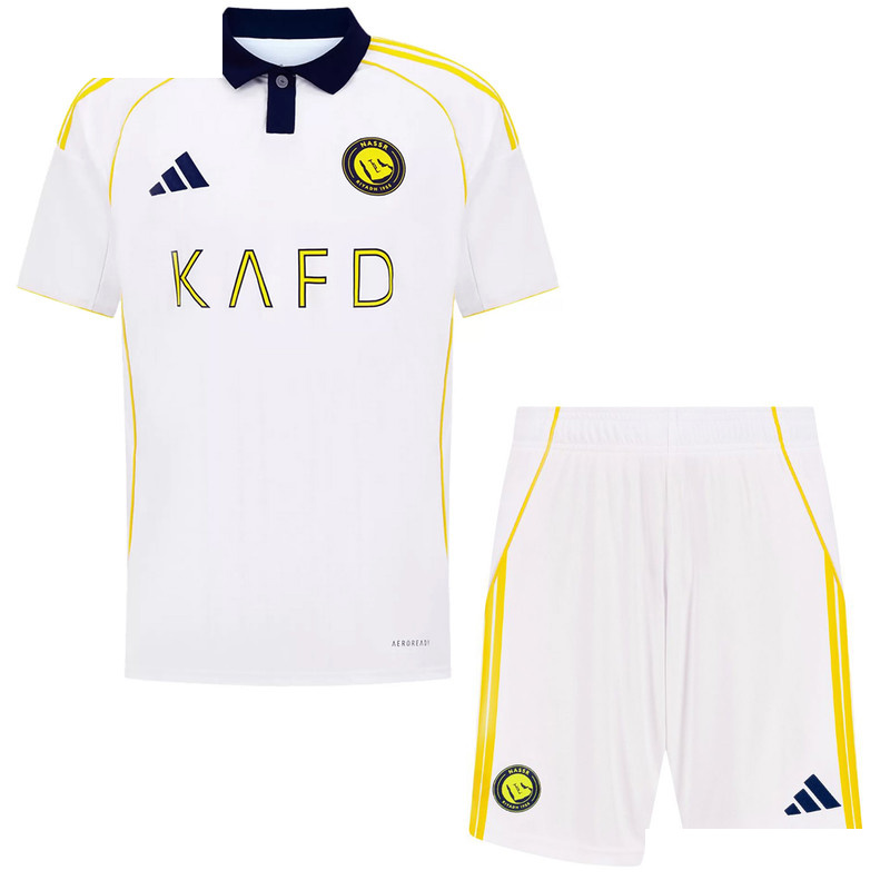 ست تیشرت و شلوارک ورزشی پسرانه مدل النصر عربستان Away 2026 سفید ست تیشرت و شلوارک ورزشی پسرانه مدل النصر عربستان Away 2026 سفید