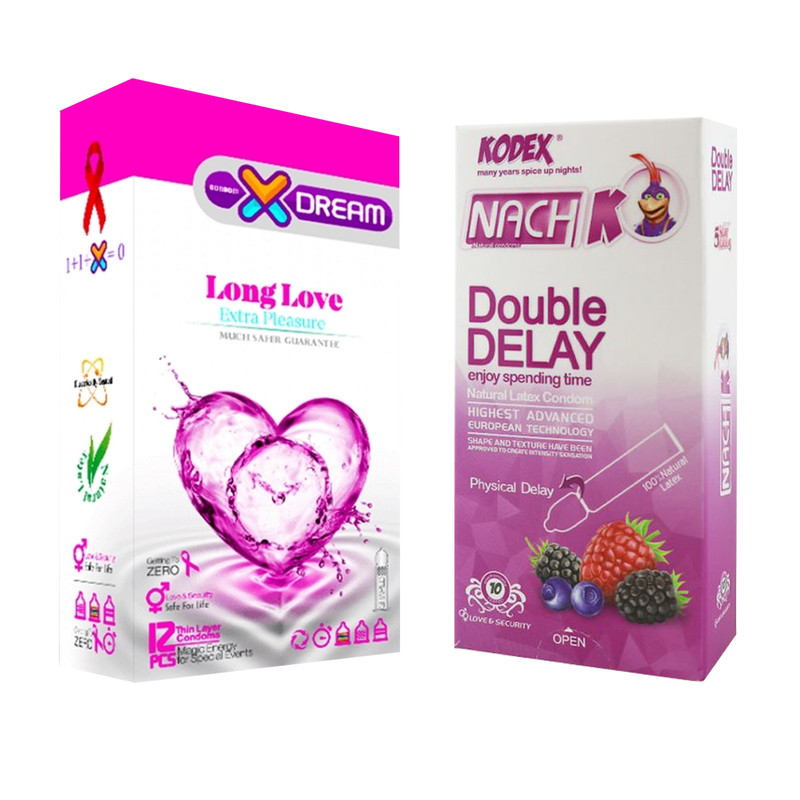 کاندوم ایکس دریم مدل Long Love بسته 12 عددی به همراه کاندوم تاخیری کدکس مدل Double Delay بسته 10 عددی کاندوم ایکس دریم مدل Long Love بسته 12 عددی به همراه کاندوم تاخیری کدکس مدل Double Delay بسته 10 عددی