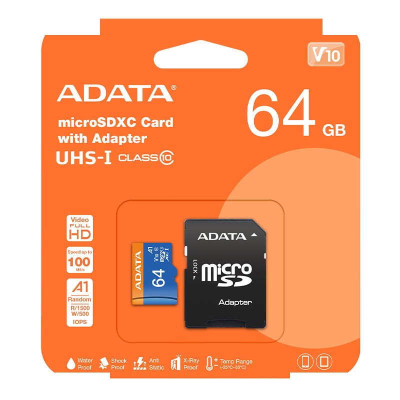 کارت حافظه microSDXC ای دیتا مدل Premier کلاس 10 استاندارد UHS-I V10 A1سرعت 100MBps ظرفیت 64 گیگابایت به همراه آداپتور کارت حافظه microSDXC ای دیتا مدل Premier کلاس 10 استاندارد UHS-I V10 A1سرعت 100MBps ظرفیت 64 گیگابایت به همراه آداپتور