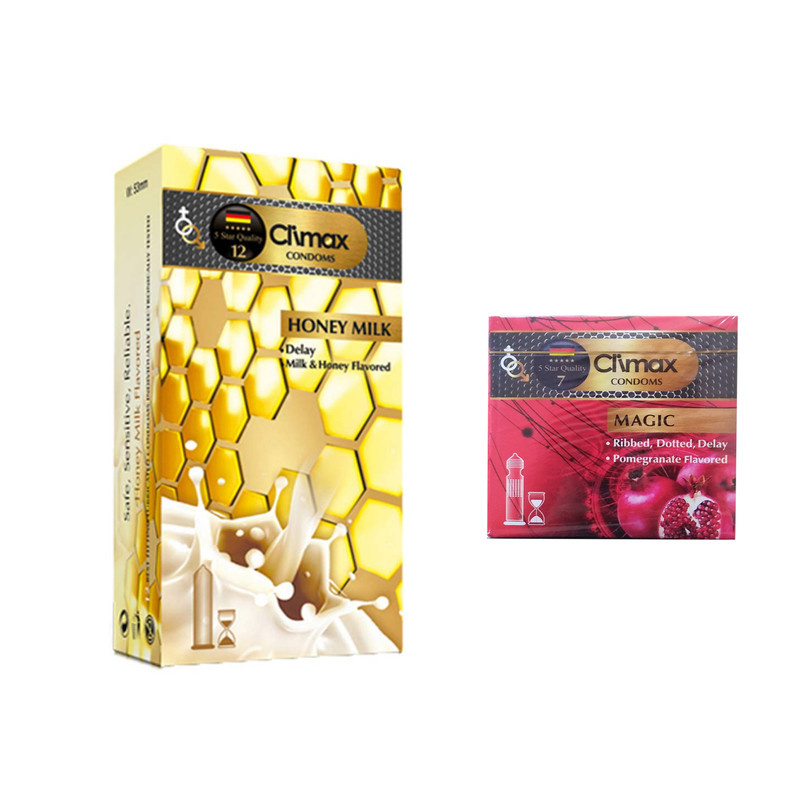 کاندوم کلایمکس مدل HONEY MILK بسته 12عددی به همراه کاندوم مدل MAGIC بسته 3 عددی کاندوم کلایمکس مدل HONEY MILK بسته 12عددی به همراه کاندوم مدل MAGIC بسته 3 عددی