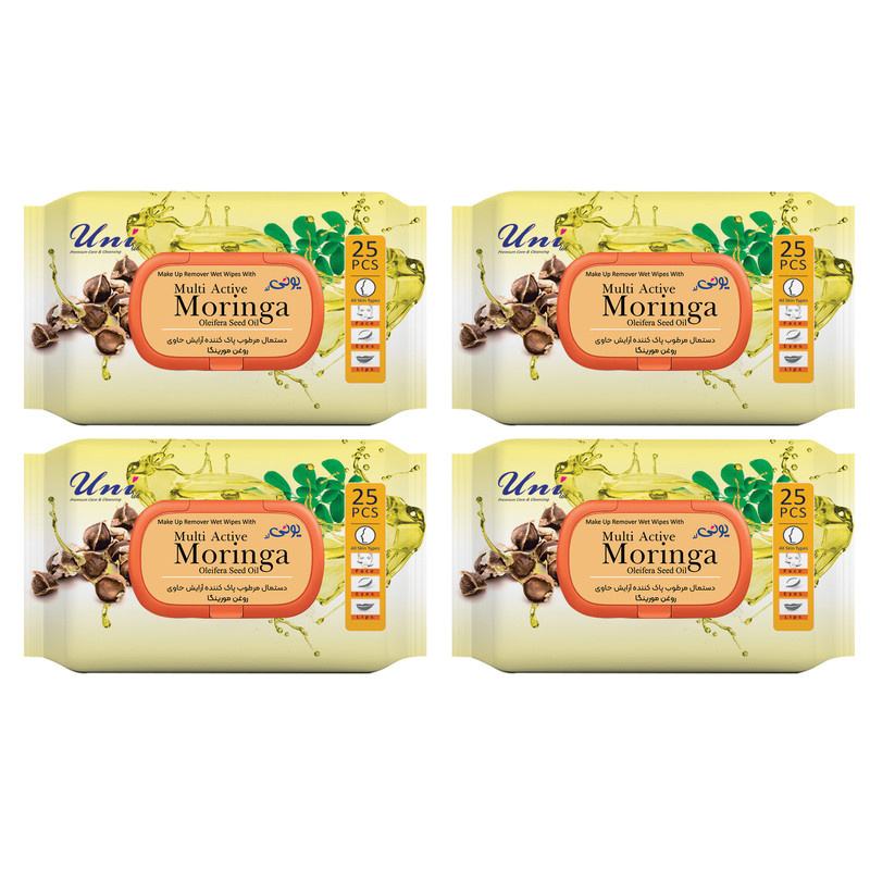 دستمال مرطوب یونی لد مدل پاک کننده آرایش روغن مورینگا چهار بسته 25 عددی دستمال مرطوب یونی لد مدل پاک کننده آرایش روغن مورینگا چهار بسته 25 عددی