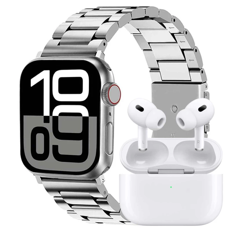 ساعت هوشمند ورنا مدل W46 Max مجموعه هفت بندی به همراه هندزفری ایرپاد پرو-بدنه طلایی بند نارنجی