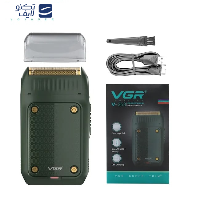 ماشین اصلاح موی صورت وی جی ار مدل V-353، اصلاح به صورت صفر زن، منبع انرژی باتری، تکنولوژی اصلاح به صورت فویلی، به همراه برس تمیزکننده، کابل شارژ و درپوش محافظ ماشین اصلاح موی صورت وی جی ار مدل V-353، اصلاح به صورت صفر زن، منبع انرژی باتری، تکنولوژی اصلاح به صورت فویلی، به همراه برس تمیزکننده، کابل شارژ و درپوش محافظ
