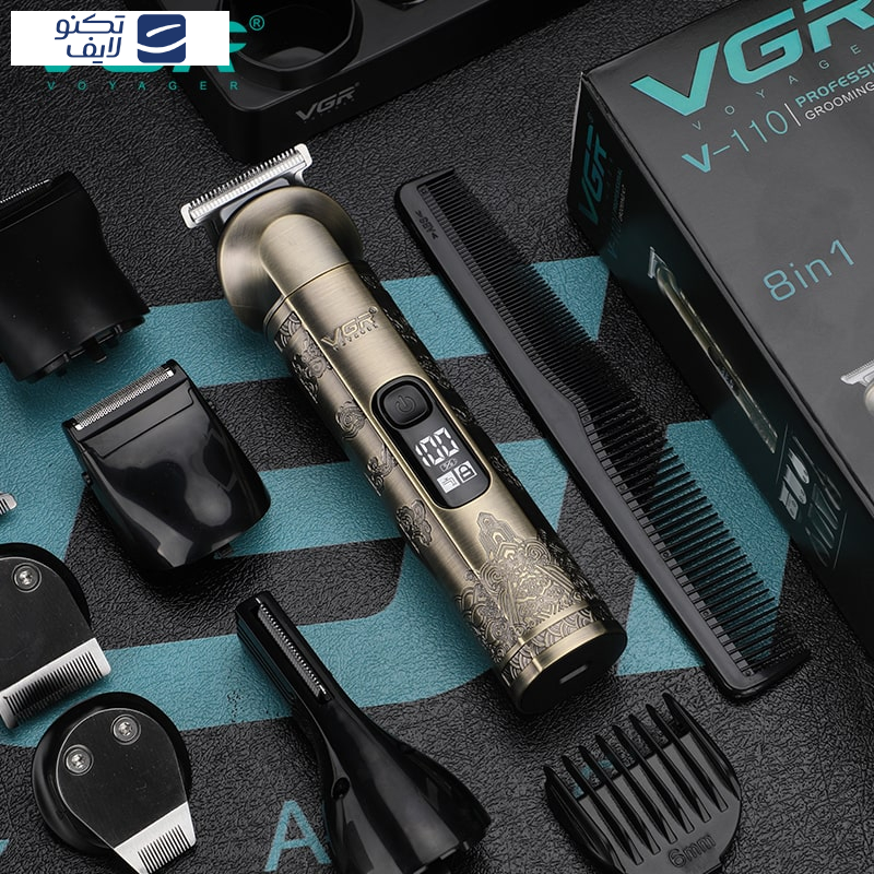 ست ماشین اصلاح موی صورت و بدن وی جی ار مدل V-110، اصلاح به صورت صفر زن، نمایشگر میزان شارژ، ضد آب، منبع انرژی با باتری قابل شارژ، تکنولوژی اصلاح به صورت برش مستقیم، مدت زمان شارژ 90 دقیقه و مدت زمان استفاده پس از شارژ 180 دقیقه