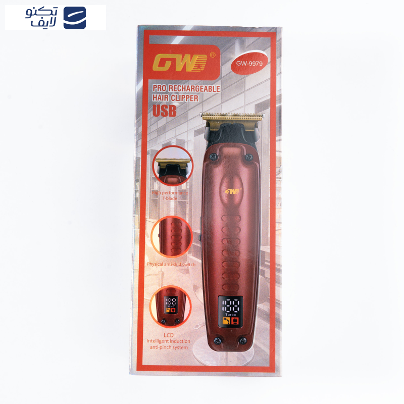 ماشین اصلاح موی سر و صورت جی دبلیو مدل GW-9979، اصلاح به صورت صفر زن، خط زن، منبع انرژی باتری، تکنولوژی اصلاح به صورت تریمر، به همراه کابل شارژ، برس تمیزکننده، روغن، 4 عدد شانه، عملکرد توربو ماشین اصلاح موی سر و صورت جی دبلیو مدل GW-9979، اصلاح به صورت صفر زن، خط زن، منبع انرژی باتری، تکنولوژی اصلاح به صورت تریمر، به همراه کابل شارژ، برس تمیزکننده، روغن، 4 عدد شانه، عملکرد توربو