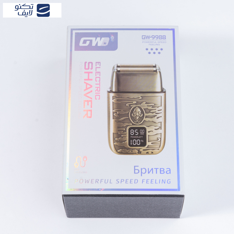 ماشین اصلاح موی صورت جی دبلیو مدل GW-9988، اصلاح به صورت صفر زن، طراحی ارگونومیک، نمایشگر LCD، منبع انرژی با کابل USB، تکنولوژی اصلاح به صورت شیو فویلی