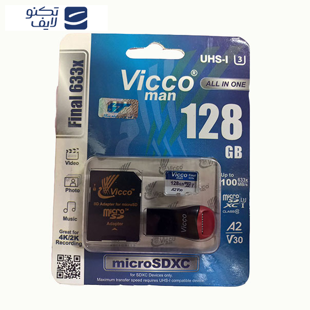 کارت حافظه micro SDXC ویکومن مدل 633X Plus کلاس 10 استاندارد UHS-I U3 سرعت 90MBS ظرفیت 128 گیگابایت به همراه کارت خوان