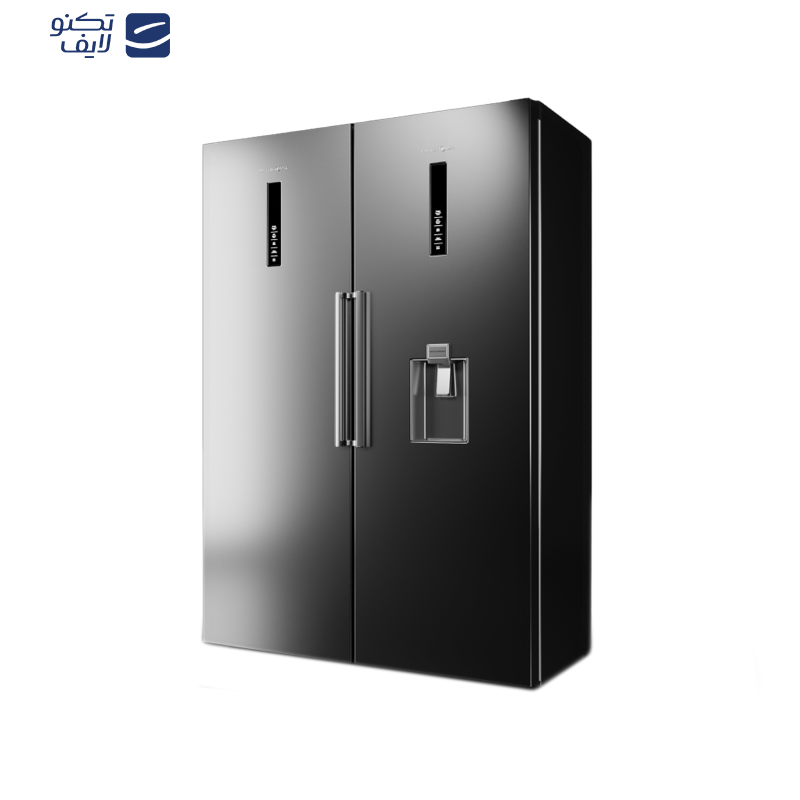 یخچال فریزر دوقلو پاکشوما مدل RTRA-RTFA901 iX (N1) سری Twin Peaks، دارای نمایشگر و بدون برفک، با ارتفاع 187، پهنای 118 و عمق 73 سانتی‌متر، میزان مصرف انرژی A+، دارای 5 طبقه در یخچال و 4 کشو در فریزر