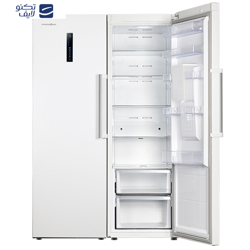 یخچال و فریزر دوقلو 40 فوت پاکشوما مدل RTRA-RTFA۹۰۱iW (N۲)، دارای نمایشگر و بدون برفک، با ارتفاع 187، پهنای 118 و عمق 73 سانتی‌متر، میزان مصرف انرژی A+، دارای 5 طبقه در یخچال و 4 کشو در فریزر، دارای سیستم نوفراست