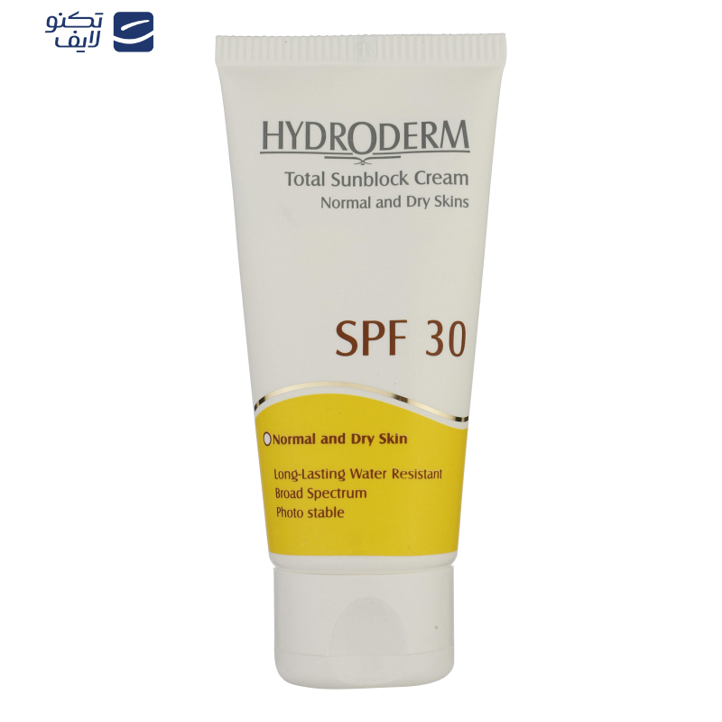 کرم ضدآفتاب بی‌رنگ هیدرودرم SPF30، مناسب پوست‌های نرمال و خشک، حجم 50 میلی‌لیتر