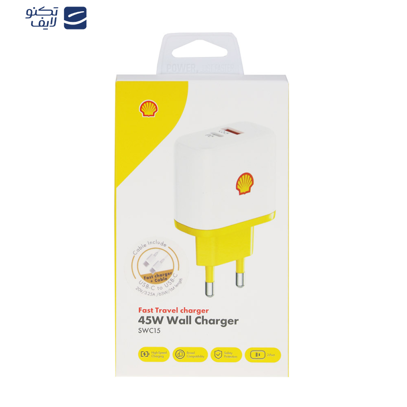 شارژر دیواری 45 وات شل مدل SWC15 به همراه کابل USB-C شارژر دیواری 45 وات شل مدل SWC15 به همراه کابل USB-C