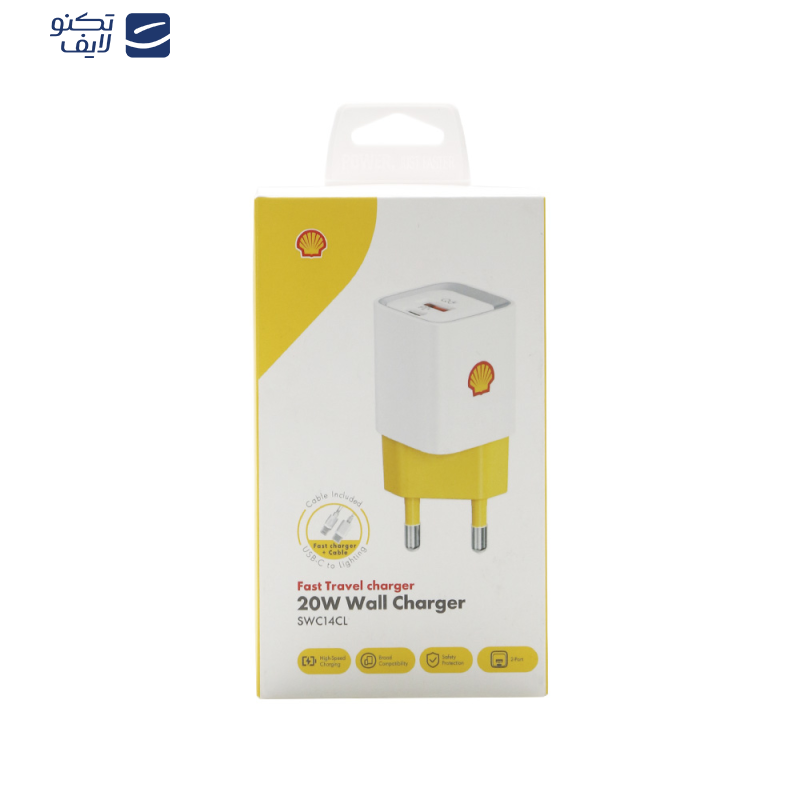 شارژر دیواری 20 وات دو پورت شل مدل SWC14CL به همراه کابل تبدیل USB-C به لایتنینگ شارژر دیواری 20 وات دو پورت شل مدل SWC14CL به همراه کابل تبدیل USB-C به لایتنینگ