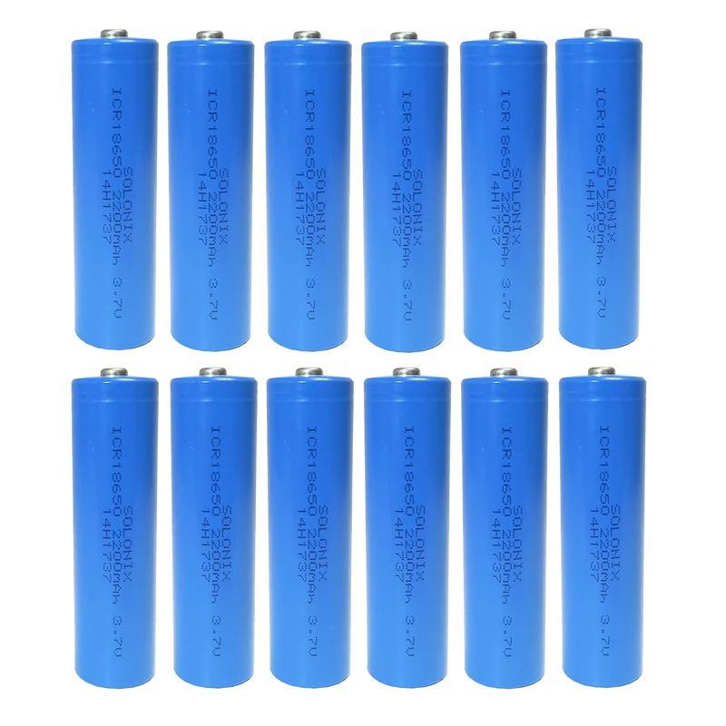 باتری لیتیوم یون 3.7 ولت قابل شارژ سولونیکس مدل ICR 18650 ظرفیت 2200 میلی آمپر مجموعه 12 عددی باتری لیتیوم یون 3.7 ولت قابل شارژ سولونیکس مدل ICR 18650 ظرفیت 2200 میلی آمپر مجموعه 12 عددی