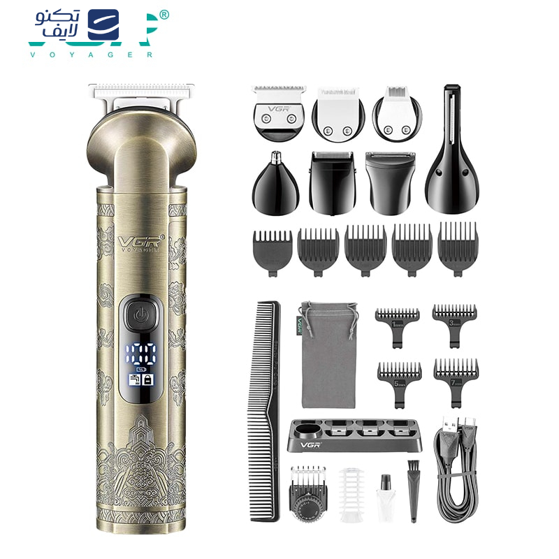 ست ماشین اصلاح موی صورت و بدن وی جی ار مدل V-110، اصلاح به صورت صفر زن، نمایشگر میزان شارژ، ضد آب، منبع انرژی با باتری قابل شارژ، تکنولوژی اصلاح به صورت برش مستقیم، مدت زمان شارژ 90 دقیقه و مدت زمان استفاده پس از شارژ 180 دقیقه