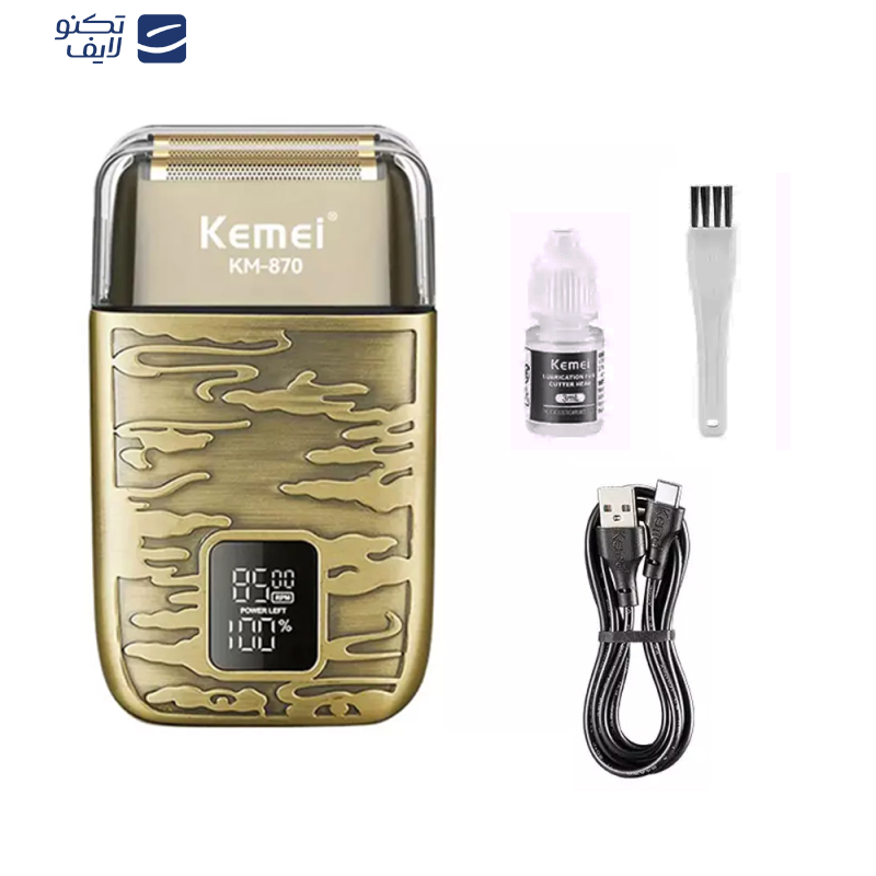 ماشین اصلاح موی صورت و بدن کیمی مدل KM-870، اصلاح به صورت صفر زن، ضد آب، نمایشگر LED، منبع انرژی با باتری قابل شارژ، تکنولوژی اصلاح به صورت شیو فویلی، مدت زمان شارژ 90 دقیقه و مدت زمان استفاده پس از شارژ 90 دقیقه، بههمراه کابل شارژ USB، برس، روغن ماشین اصلاح موی صورت و بدن کیمی مدل KM-870، اصلاح به صورت صفر زن، ضد آب، نمایشگر LED، منبع انرژی با باتری قابل شارژ، تکنولوژی اصلاح به صورت شیو فویلی، مدت زمان شارژ 90 دقیقه و مدت زمان استفاده پس از شارژ 90 دقیقه، بههمراه کابل شارژ USB، برس، روغن