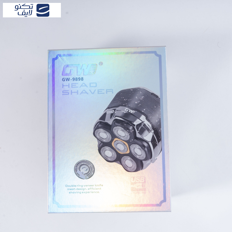 ماشین اصلاح موی صورت جی دبلیو مدل 9898، اصلاح به صورت صفر زن، مقاوم در برابر آب، نمایش وضعیت باتری، منبع انرژی با کابل USB، تکنولوژی اصلاح به صورت برش چرخشی، به‌همراه کابل شارژ USB، محافظ