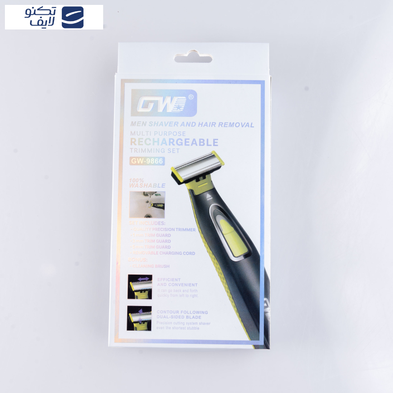 ماشین اصلاح موی صورت شارژی جی دبلیو مدل GW-9866، اصلاح به صورت صفر زن، طراحی ارگونومیک، منبع انرژی با باتری، تکنولوژی اصلاح به صورت تریمر، اندازه اصلاح 0.1 میلی‌متر، مدت زمان شارژ 480 دقیقه، دارای بدنه ضد لغزش، به همراه برس تمیزکننده و کابل شارژ USB