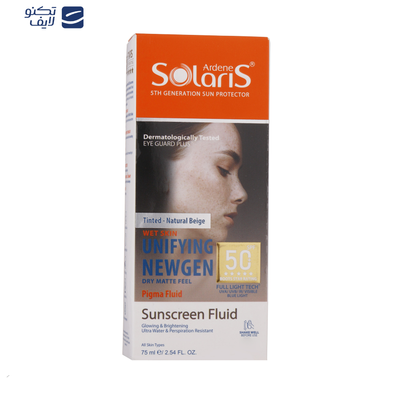 فلوئید ضدآفتاب رنگی آردن سولاریس +SPF50 مدل Unifying Newgen مناسب انواع پوست، حجم 75 میلی‌لیتر