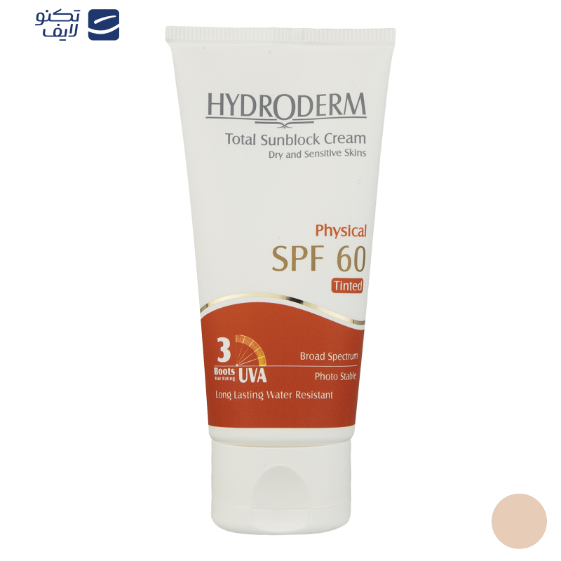 کرم ضدآفتاب رنگی هیدرودرم SPF60 مدل Phisical Tinted ‌مناسب پوست‌های حساس، حجم 50 میلی‌لیتر