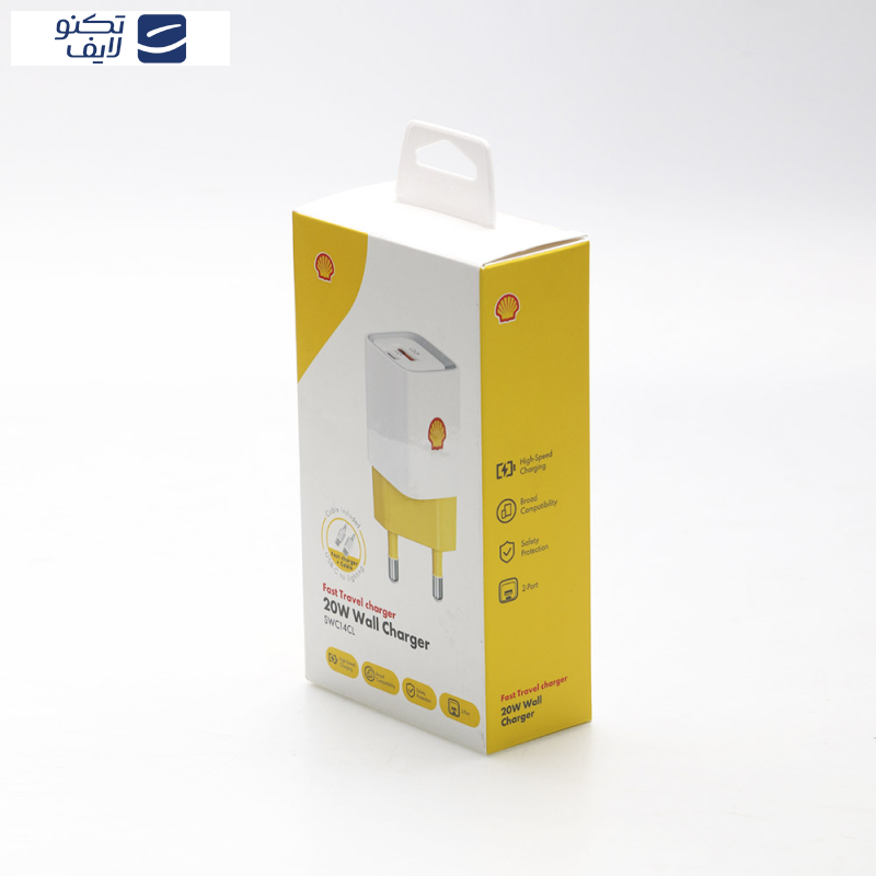 شارژر دیواری 20 وات دو پورت شل مدل SWC14CL به همراه کابل تبدیل USB-C به لایتنینگ شارژر دیواری 20 وات دو پورت شل مدل SWC14CL به همراه کابل تبدیل USB-C به لایتنینگ