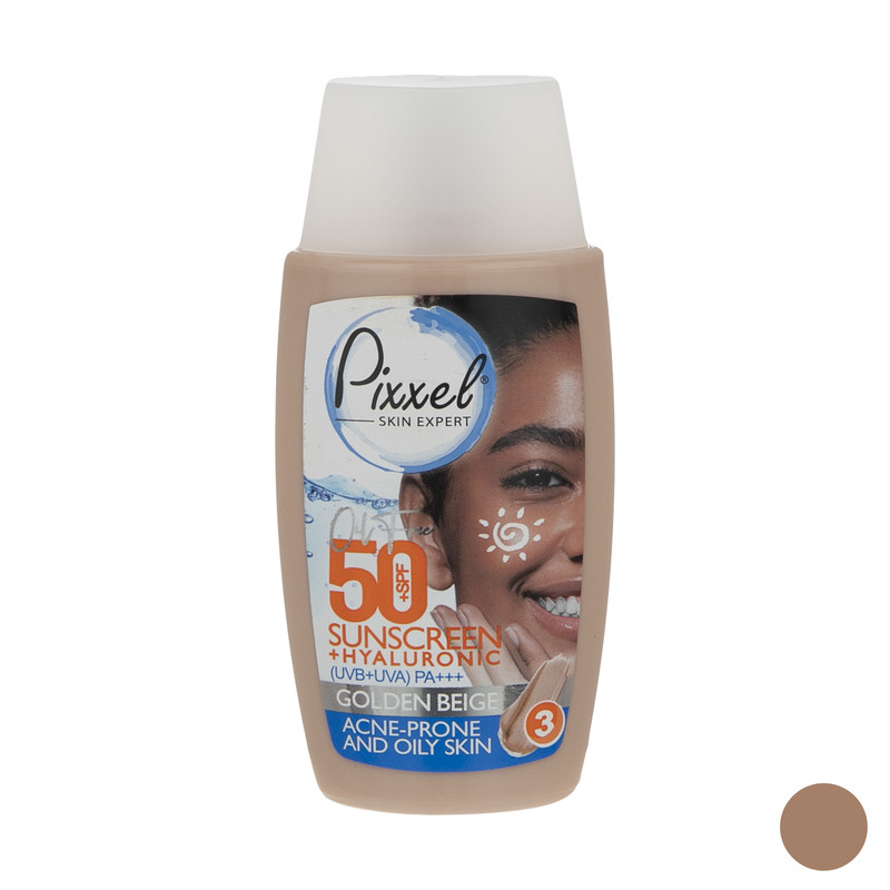 کرم ضد آفتاب رنگی پیکسل، SPF 50، مدل GOLDEN BEIGE، مناسب پوستهای آکنهدار و چرب با تنالیته تیره و حجم 50 میلیلیتر، محافظتکننده در برابر اشعههای UVA و PA ،UVB+++، ضد جوش و آکنه، دارای فرمولاسیون فاقد چربی و هیالورونیک اسید، با ماندگاری 2 ساعته کرم ضد آفتاب رنگی پیکسل، SPF 50، مدل GOLDEN BEIGE، مناسب پوستهای آکنهدار و چرب با تنالیته تیره و حجم 50 میلیلیتر، محافظتکننده در برابر اشعههای UVA و PA ،UVB+++، ضد جوش و آکنه، دارای فرمولاسیون فاقد چربی و هیالورونیک اسید، با ماندگاری 2 ساعته