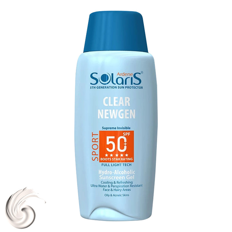 ژل ضدآفتاب بیرنگ آردن سولاریس SPF50 مدل Clear Newgen، مناسب پوستهای چرب، حجم 100 میلیلیتر ژل ضدآفتاب بیرنگ آردن سولاریس SPF50 مدل Clear Newgen، مناسب پوستهای چرب، حجم 100 میلیلیتر