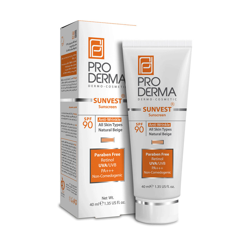 کرم ضد آفتاب رنگی پرودرما، SPF 90، مدل 90 Sunvest، مناسب انواع پوست با تنالیته متوسط و حجم 40 میلی لیتر، ضدآب، فاقد پارابن، محافظتکننده در برابر اشعههای UVA و UVB و غیر کومدونزا، PA+++، ضد چروک، دارای فرمولاسیون ویتامین C، با ماندگاری 2 ساعته کرم ضد آفتاب رنگی پرودرما، SPF 90، مدل 90 Sunvest، مناسب انواع پوست با تنالیته متوسط و حجم 40 میلی لیتر، ضدآب، فاقد پارابن، محافظتکننده در برابر اشعههای UVA و UVB و غیر کومدونزا، PA+++، ضد چروک، دارای فرمولاسیون ویتامین C، با ماندگاری 2 ساعته