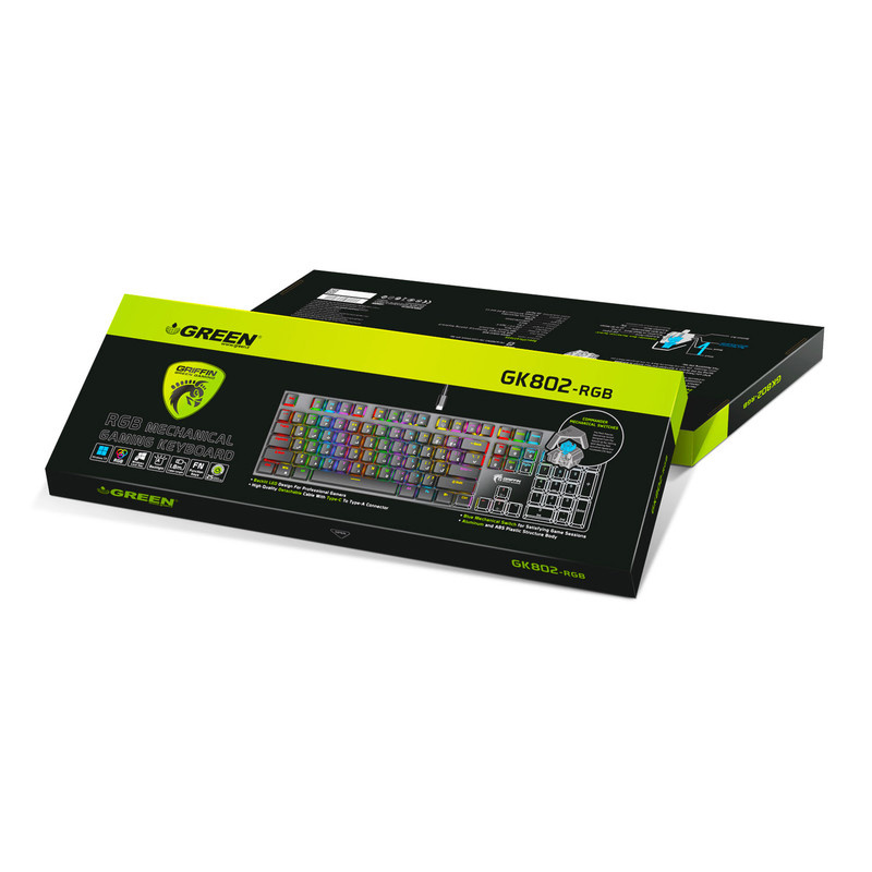 کیبورد گیمینگ گرین مدل GK802-RGB، مکانیکال سوییچ آبی، Full-Size، نورپردازی RGB